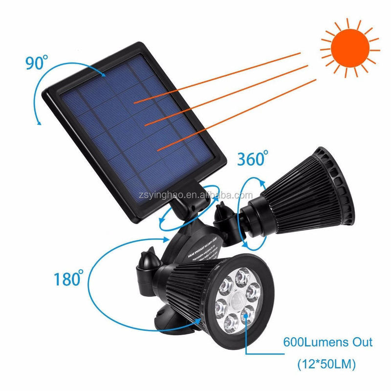 Energía solar de doble cabeza mejorada doble focos 12 LED luz de jardín exterior