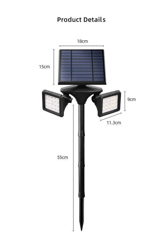 1- ABS PC Solar Aluminio de doble cabeza Iluminación de jardín para la iluminación exterior superior