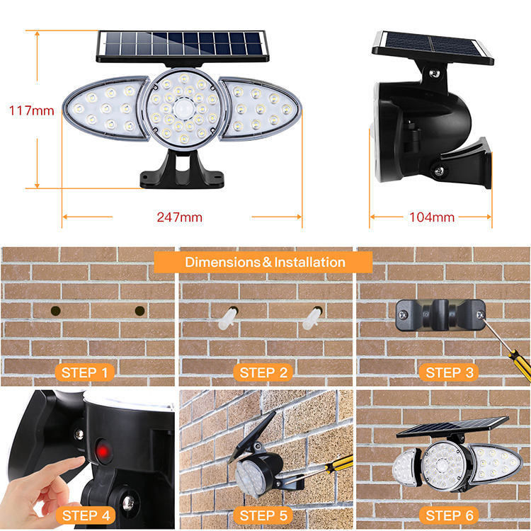 IP65 Sensor de movimiento con energía solar Luces solares Seguridad de emergencia al aire libre Jardín Luz de pared solar