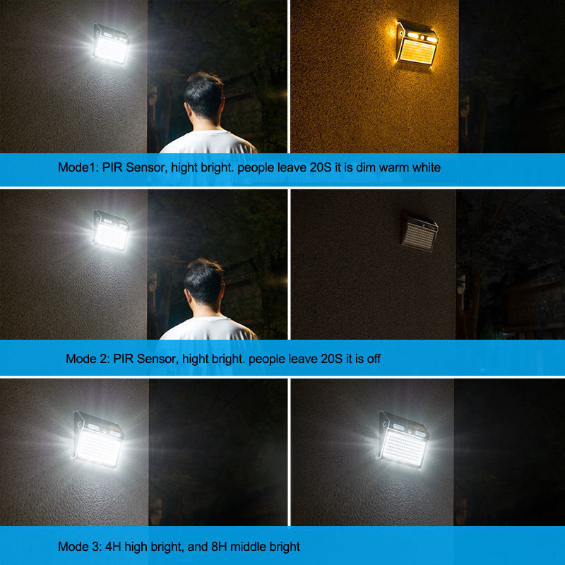 4 modos de iluminación LED luz solar exterior de la pared del porche con sensor de movimiento protección IP65