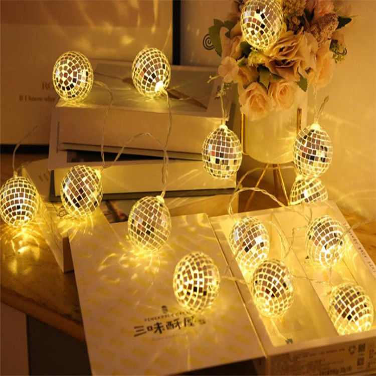 Lámpara de cuerda LED de bola de espejo de plata para la fiesta de decoración de Navidad Casa Dormitorio interior