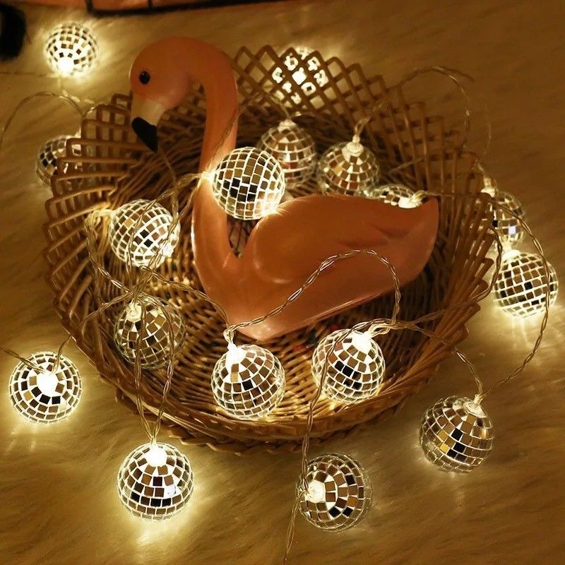 Lámpara de cuerda LED de bola de espejo de plata para la fiesta de decoración de Navidad Casa Dormitorio interior
