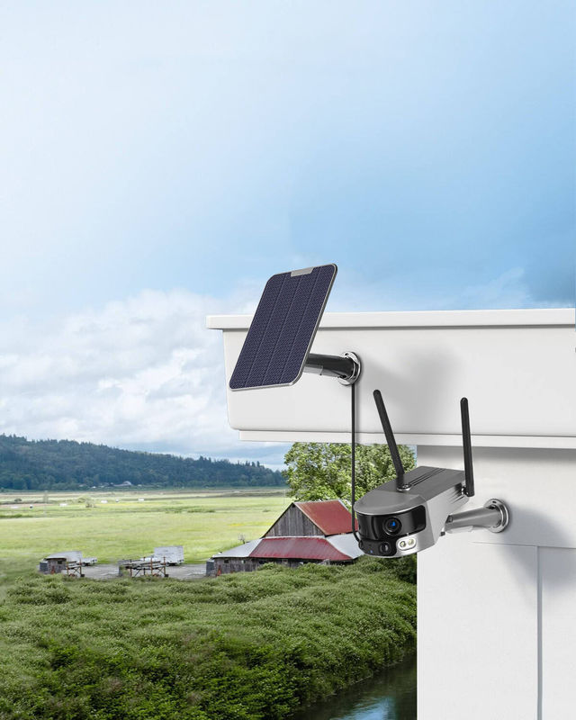 Ocho millones de articulación horizontal exterior cámara solar wifi cámara de circuito cerrado de doble lente