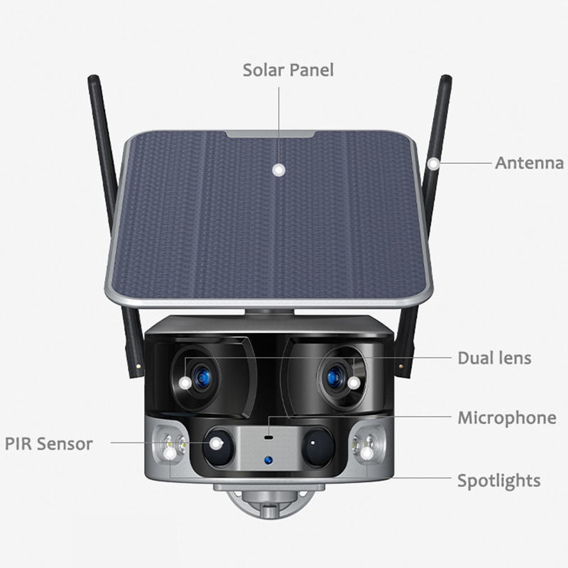 Ocho millones de articulación horizontal exterior cámara solar wifi cámara de circuito cerrado de doble lente