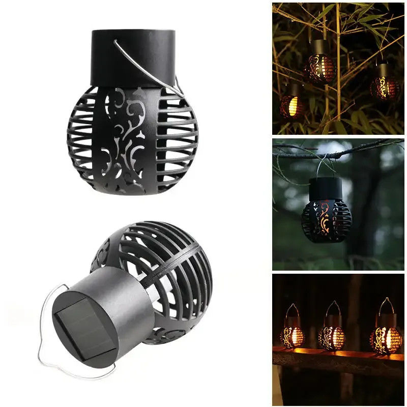 Luz solar LED para la decoración del jardín y el paisaje Metal lámpara de llama de linterna colgante de hierro