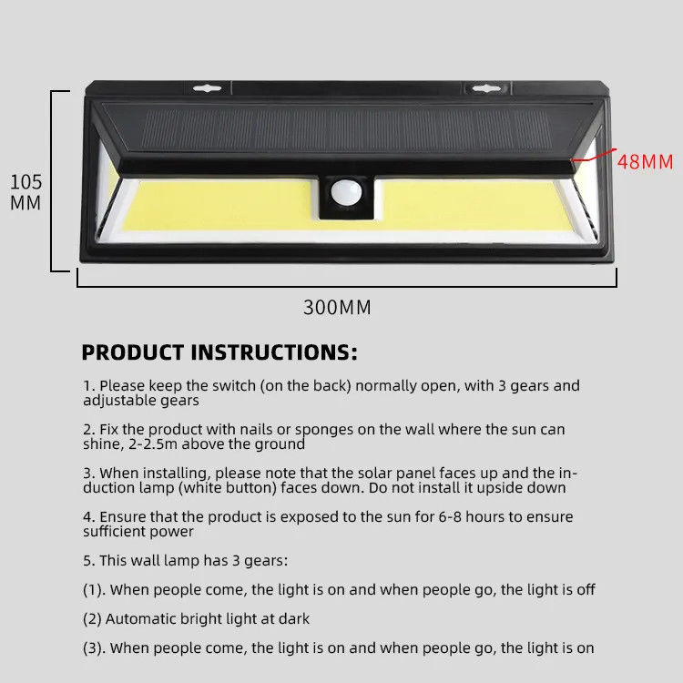 180 Led Cob Luces solares de exterior Sensor de movimiento inalámbrico Luz de seguridad de pared